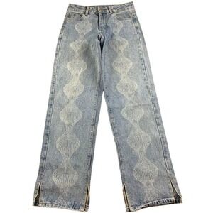 CONP Jeans Women S W27 High Waist Wide Leg Abstract Print Split Hem Blue Denim